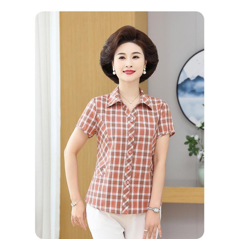 Summer Women's Short-sleeved Cotton Shirt Loose Large Plaid Thin Cotton Shirt Women's Clothing