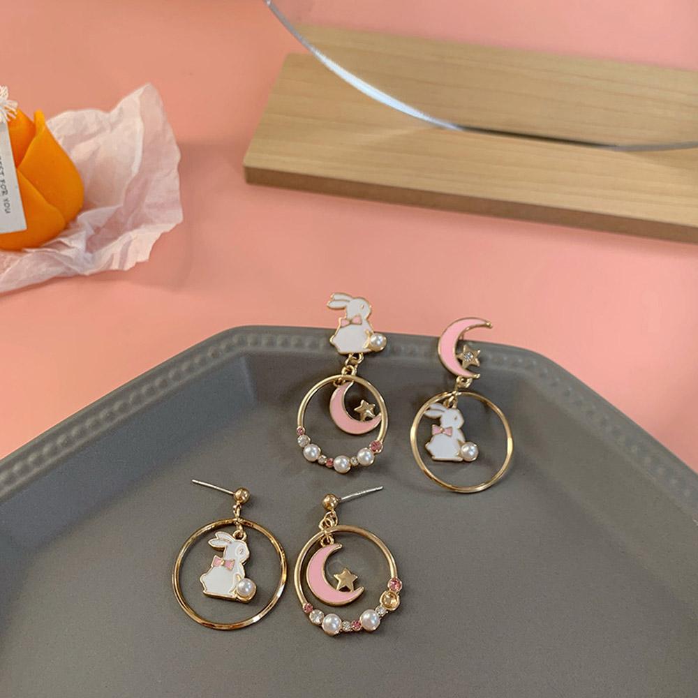 Personality Sweet Moon Girl Pink Asymmetric Earrings Anti Allergy Rabbit Drop Earrings Enamel