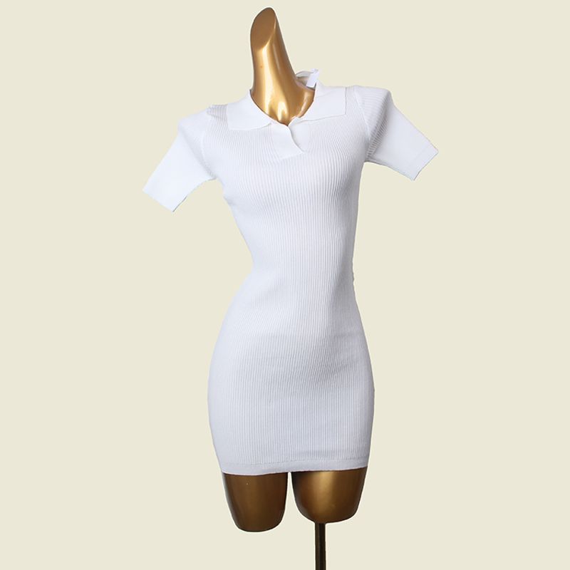 

American-Style Sexy Lapel Knitting Short Skirt Thread Fitted Polo Collar Short Sleeve Sexy Dress White All yards