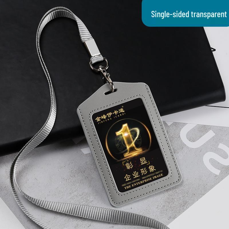 Genuine Leather Double-Sided ID Card Holder with Transparent Windows and Lanyard