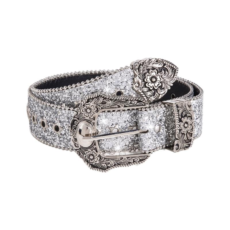 Grunge Waist Belts for Jeans Pants Carving Glitter Floral Buckle Belt Bandsman