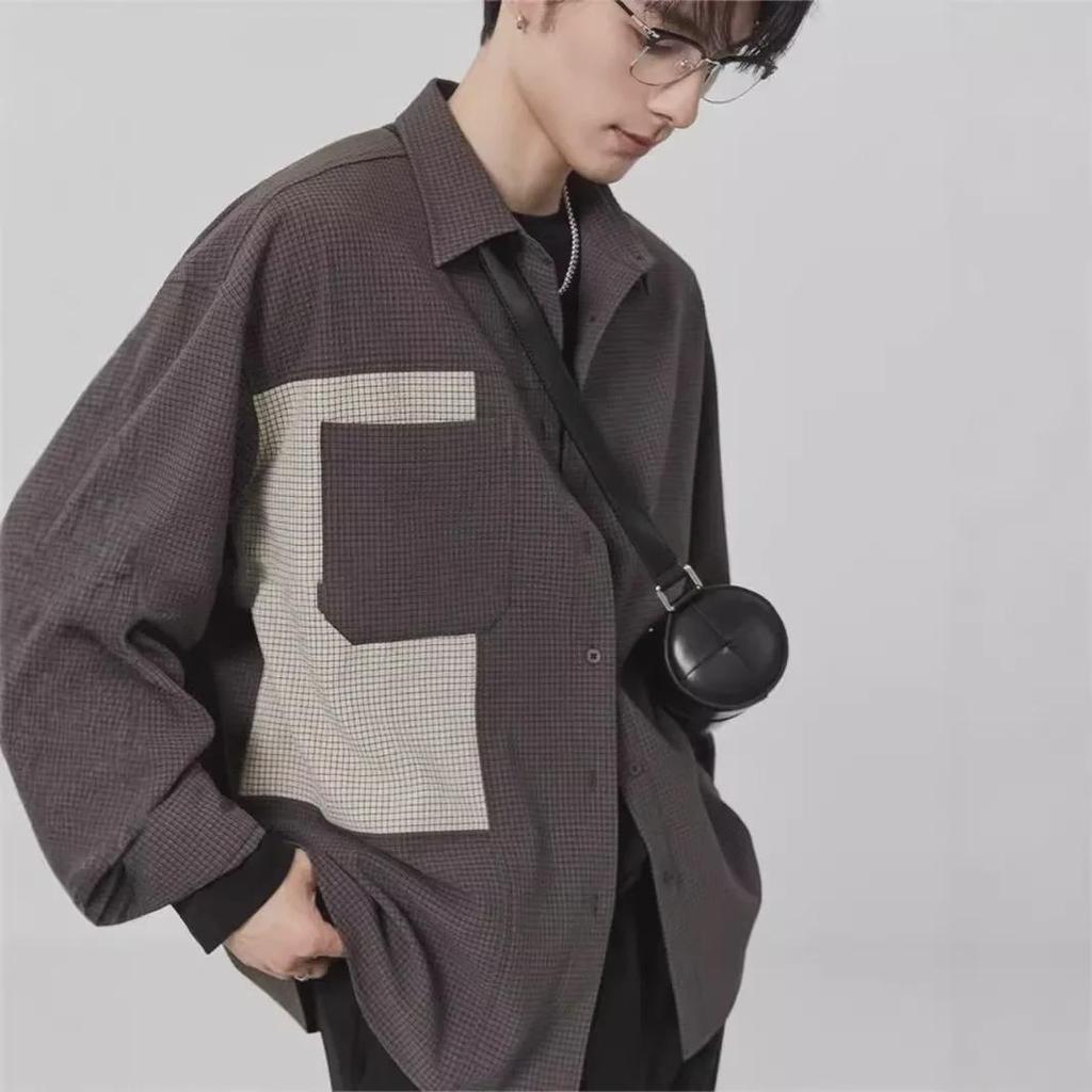 2024 Men's Casual Long-Sleeve Plaid Shirt, Korean-Style with Contrast Stitching for Spring and Autumn