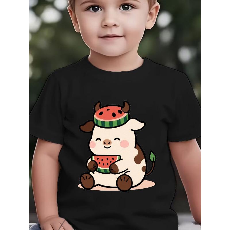 European Sizes Boys' Short-Sleeve Summer New Arrival Cartoon Cow Eating Watermelon Cute Baby Print Top, Children's Casual Short-Sleeve T-Shirt