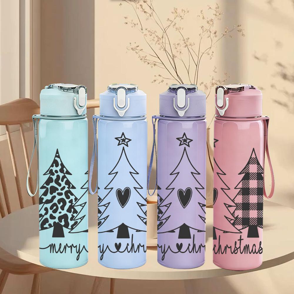 1PC Plaid Christmas Tree 750ml Color Plastic Sports Water Bottle Leakproof Flip Straw Lid Suitable for Sports Office Home Use
