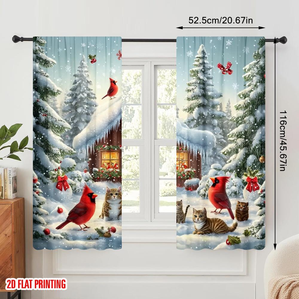 2pcs,2D Plane Printing Minimalist Curtains Christmas Snow and Animals Polyester Woven (without Rod) Home Decor Perfect for