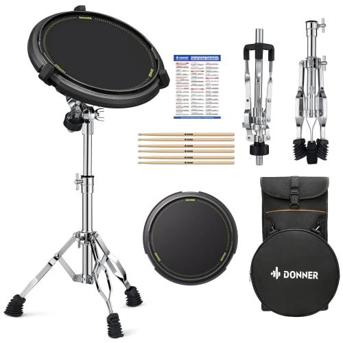 Donner 12-inch Black Drum Practice Pad Set, Quiet, High-Rebound, Anti-Vibration, Percussion Kit with Snare Drum Stand, 3 Pairs of Drumsticks, Sheet Mu