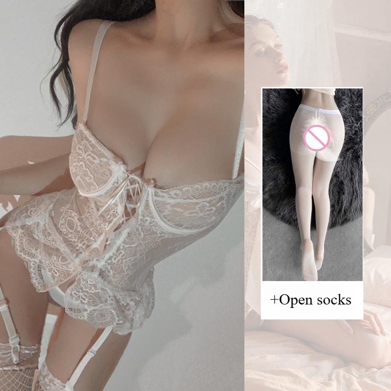 Sexy Lingerie Push Up Underwire Bralette See Through Lace Maiden Bra Open Crotch Babydoll Chemise Harness for Small Breast Women