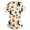 Women's Halloween Print V-Neck Short Sleeve Scrub Top with Pockets Loose Fit