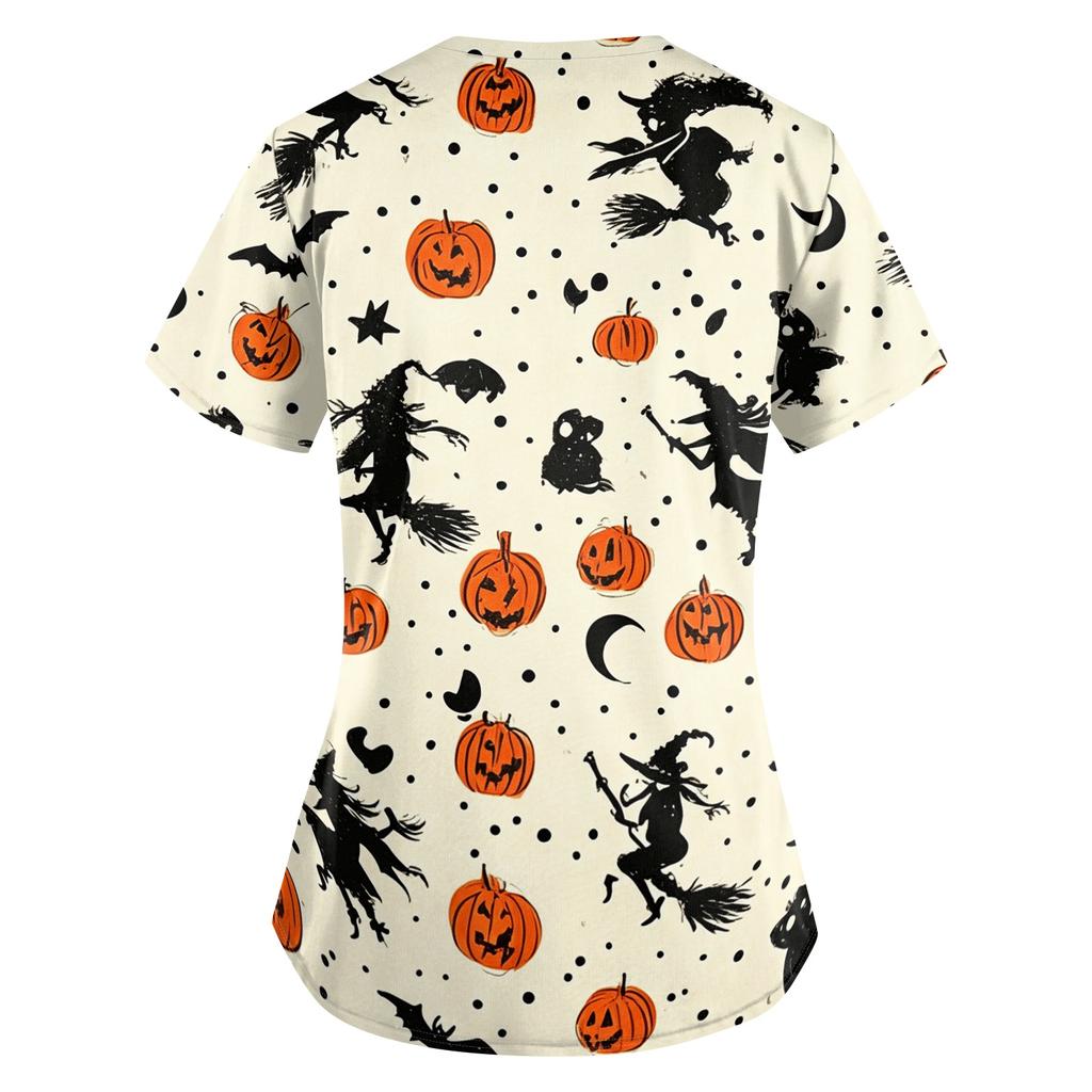 Women's Halloween Print V-Neck Short Sleeve Scrub Top with Pockets Loose Fit