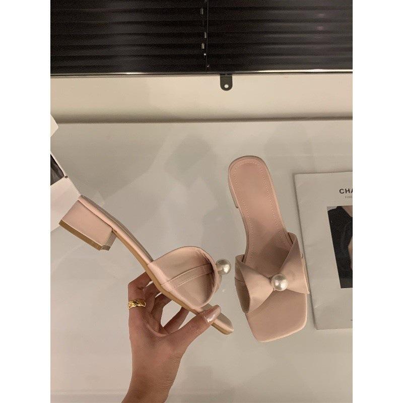 Thick Heel Pink French Cool Slippers Fairy Shoes Wear 2025 New Summer Temperament Versatile Pearl Sandals