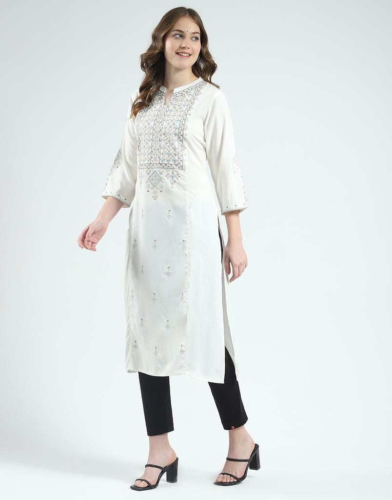 MONTE CARLO Women's Regular Fit Self Designed Round Neck 3/4 Sleeve Kurti