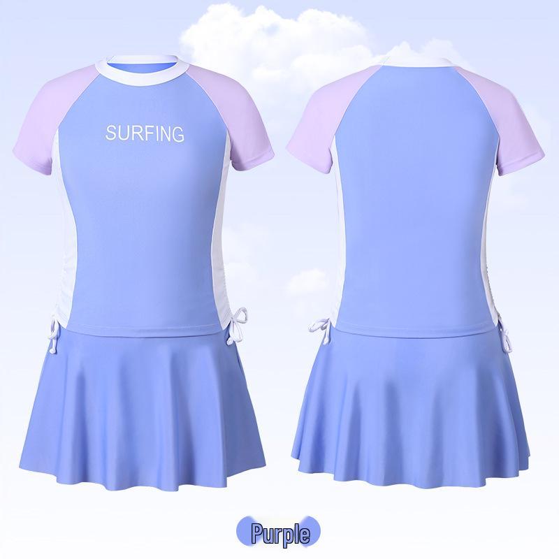 2025 Girls' Conservative Two-Piece Swimsuit: Fresh Waist-Slimming Short Skirt & Short-Sleeve Design