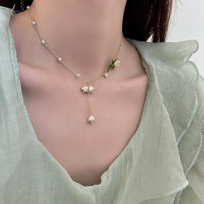Limited To Small, Fresh, Cute and Sweet Three-dimensional Bluebell Alloy with Pearl Long Fringed Necklace.