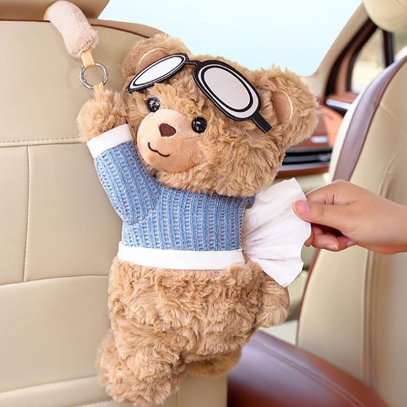 Cute Short Plush Eyeglass Bear Car Tissue Box Tissue Box Garbage Can 2-In-1 Creative Car Armrest Box Cardboard Box Car Interior