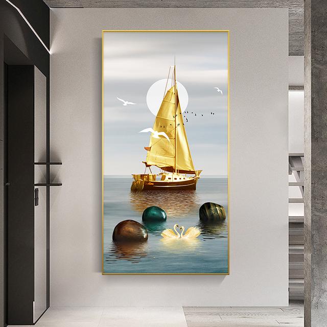 New Chinese Gold Ship Abstract Boat Canvas Painting Wall Art Zen Stone Rich Tree Posters and Prints for Living Room Decor Quadro