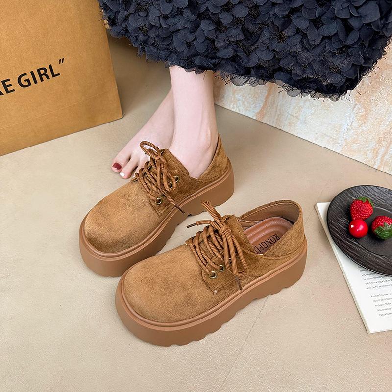 British Style Retro Lace-up Platform Loafers Women's Autumn 2025 New Small Versatile Frosted Leather Shoes