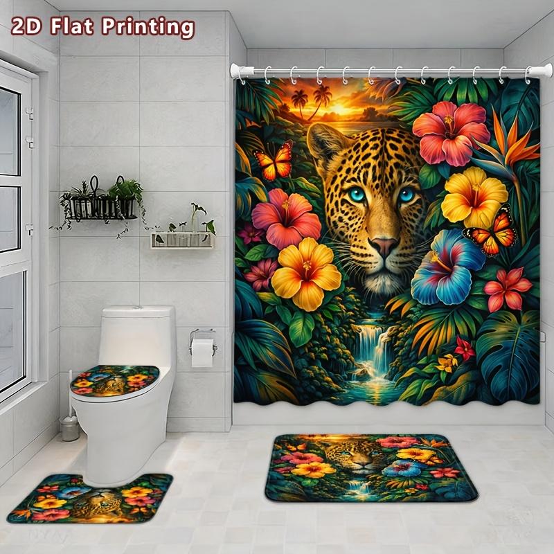 4Pcs Tropical Leopard Shower Curtain Set with Non-Slip Bath Mat, Toilet Lid Cover, Contour Rug & 12 Hooks, Bathroom Decor
