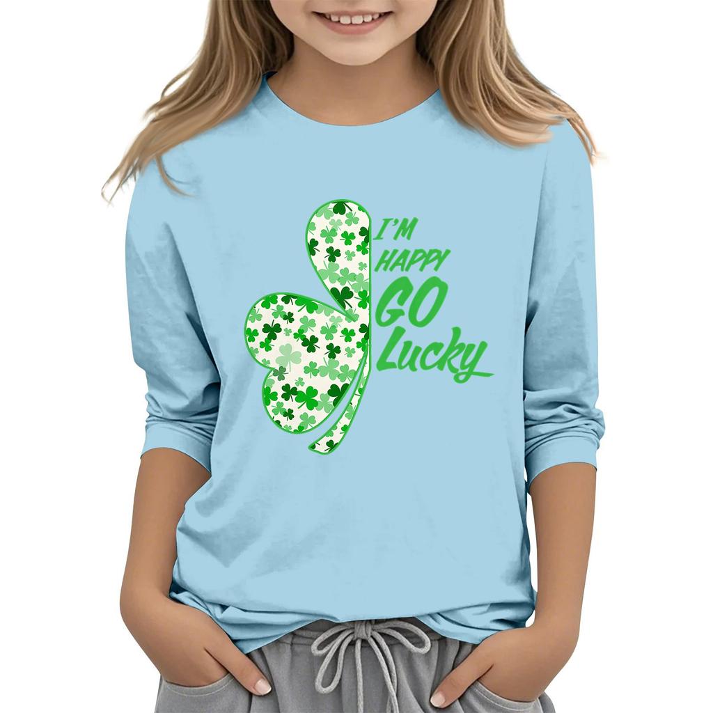 Dziecięcy T-shirt Casual z Nadrukiem na Kołnierzyku na Dzień Świętego Patryka z Rękawem 7/8