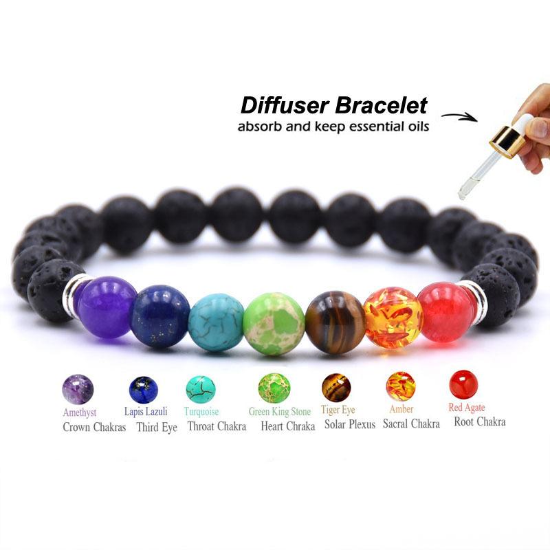 2PC Lava Rock Bracelet Set For Men Women Essential Oils Diffuser Natural Stone Bead Chain Bangle 7 Chakra Handmade Jewelry
