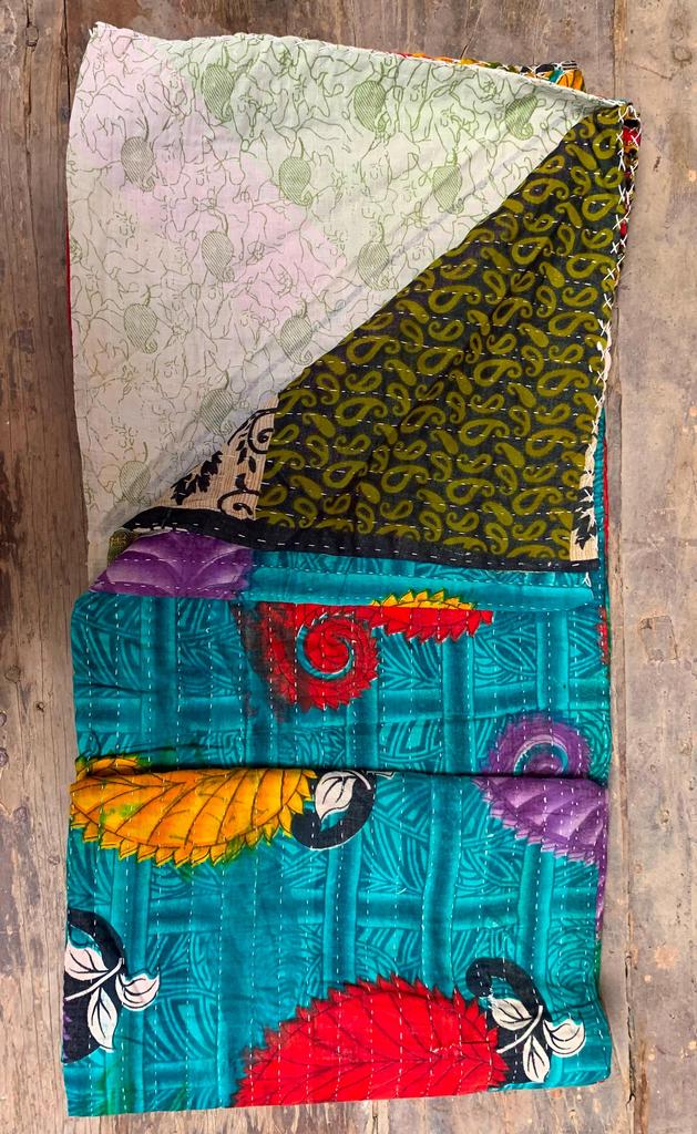 Vintage Kantha Quilt: Handmade Indian Patchwork Throw Blanket, Colorful Blue Ethnic Throw