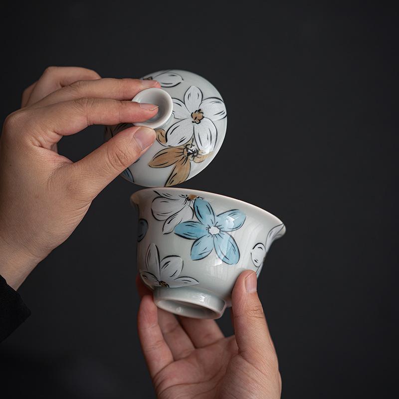 Ice Grey Underglaze Tureen Sancai Hand-painted Floral Tea Bowl Japanese Cherry Blossom Ceramic Gaiwan Chinese Kung Fu Teaware