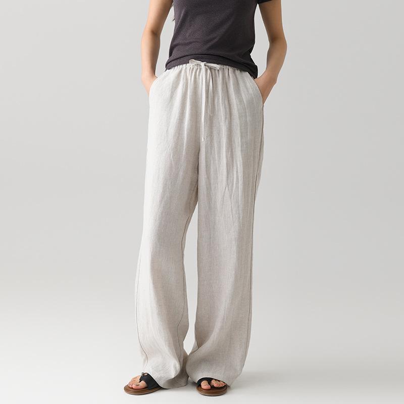 Women's Pure Linen Wide-Leg Pants - White, Summer Style, Loose Fit, High-End, Relaxed Feel