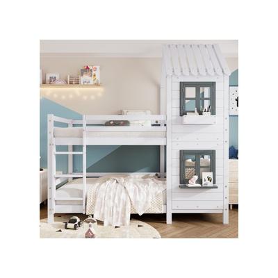 Letto a castello con sponde e finestra con protezione anticaduta e barriera, struttura in pino, bianco (90x200cm)