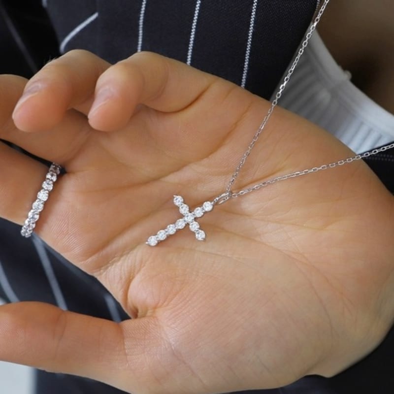 Ozel Silver925 Moissanite Cross Long Necklace PS174N