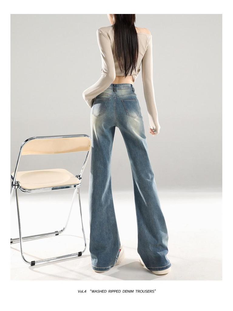 American Retro Mid-Waist Micro-Flare Jeans for Women - 2025 Autumn, Loose Fit, Crease Design