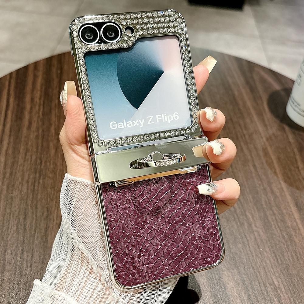For Samsung Galaxy Z Flip7 FE 5G/Z Flip6 5G Case Fish Scale Texture Ring Holder PC Rhinestone Phone Cover