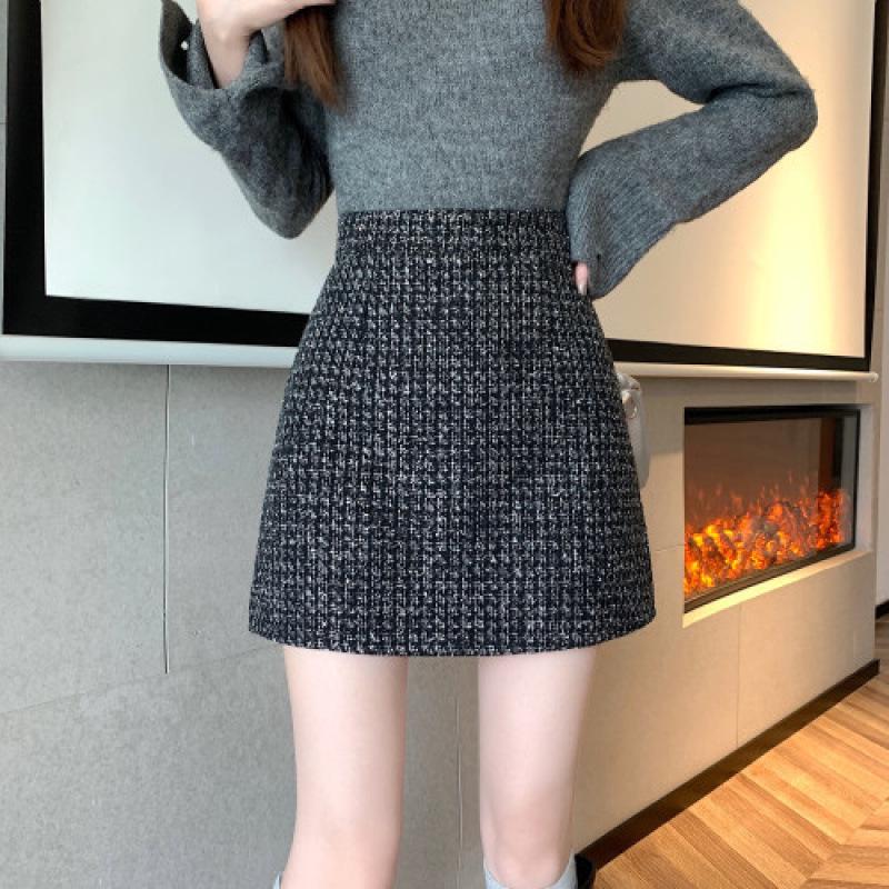 

Women s High-Waist Tweed Mini Skirt - Chic A-Line, Slimming Wool Blend for Fall/Winter L чёрный