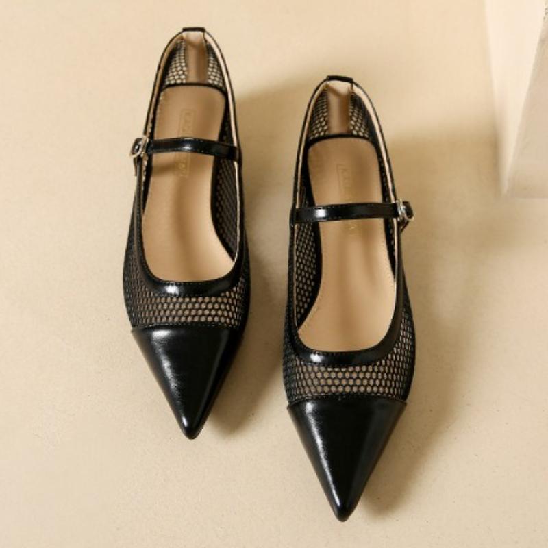 Fashion Fashion Mesh Hollow Low Heel Pumps Women Elegant Pointed Toe Narrow Band Buckle Designer Shoes Comfortable Breathable Dress Shoe