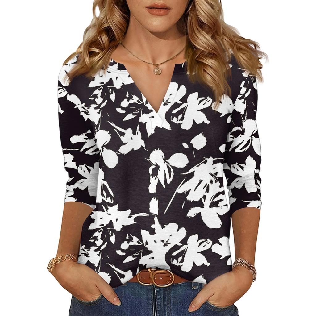 Women's Casual Fashion Sexy Comfortable V-Neck Floral Seven Sleeve Top