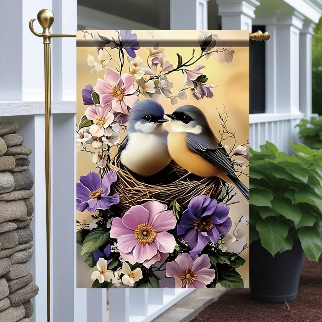 Spring Birds Garden Ag 12x18 Inch Double Sided Outdoor Yard Banner Bluebirds In Nest with Pink and Purple Owers for Home EEZ