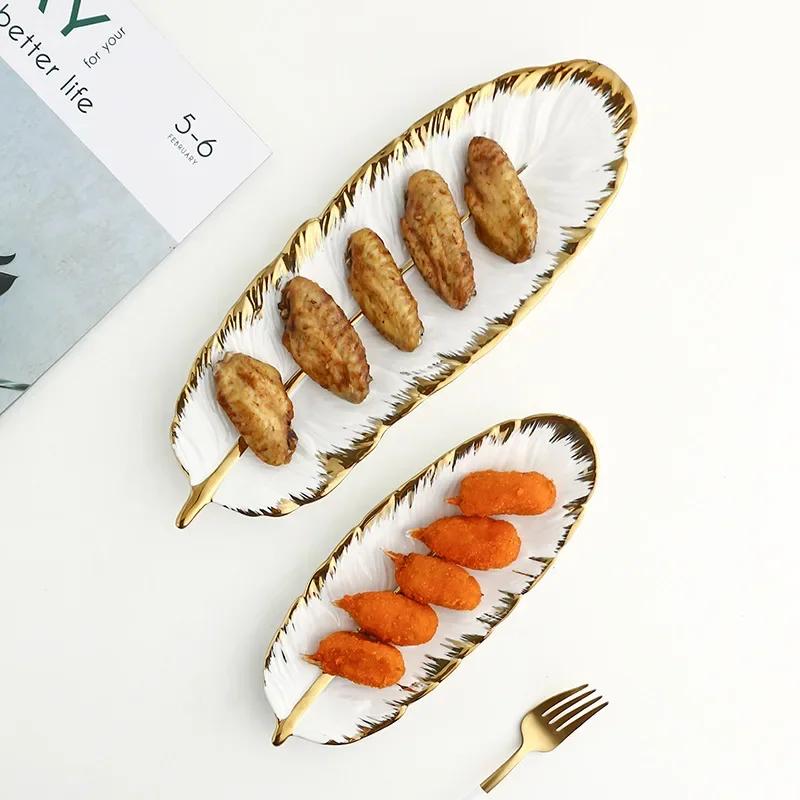 Nordic Ceramic Feather Plate Banana Leaf Tableware Fruit Snack Tray Kitchen Home Decoration Accessories Dinner Sushi Cake Plate