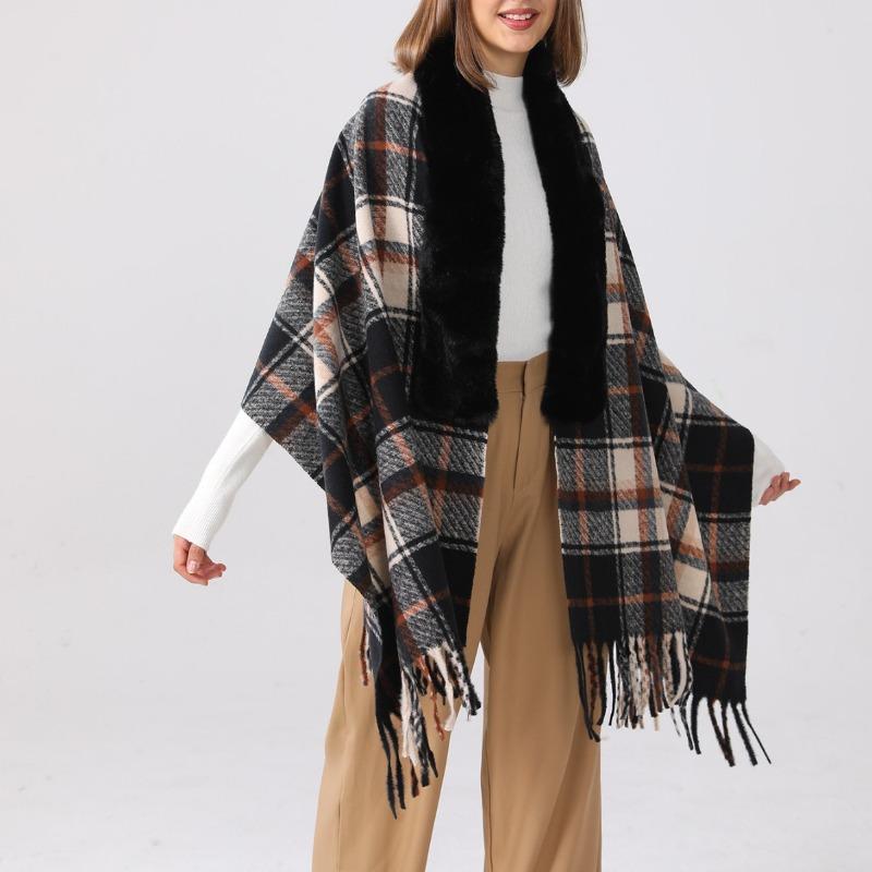 Autumn and winter new cashmere plaid warm shawl Maillard fringed couple versatile niche women's cape scarf