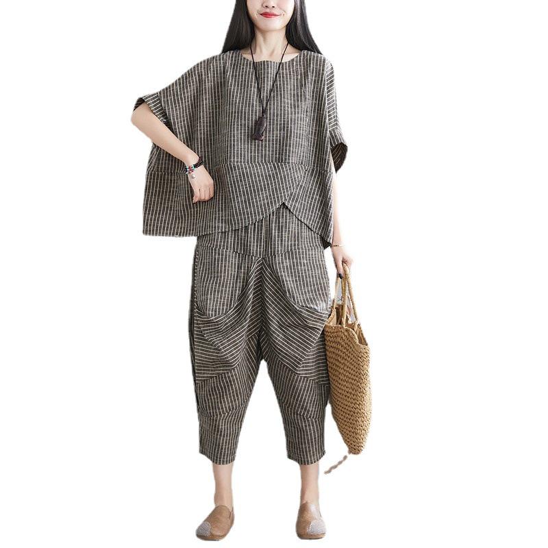 Women's Striped Cotton Linen Summer Set: Short Sleeve Batwing Top + Cropped Harem Pants