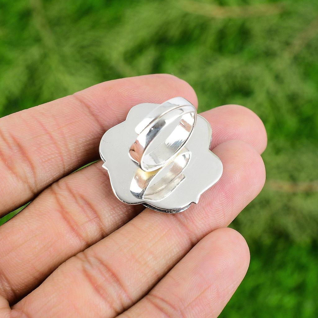 Natural Golden Rutile Gemstone Solitaire Flower Gold Adjustable Ring 925 Silver