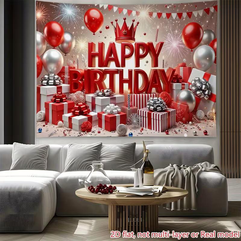 2D 2D Flat Birthday Backdrop, Red Silver Party Photography Background