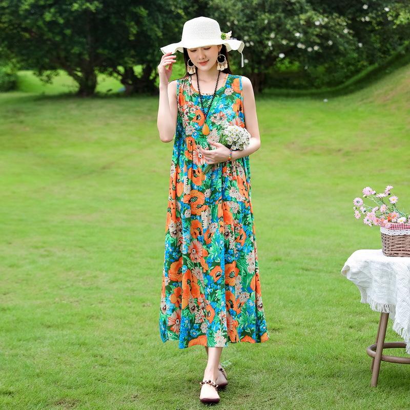 Summer  Women Plus Size Boho Dress Long Maxi Sundress Party Dress Elegant Vestidos Print O-neck High Waist Sleeveless