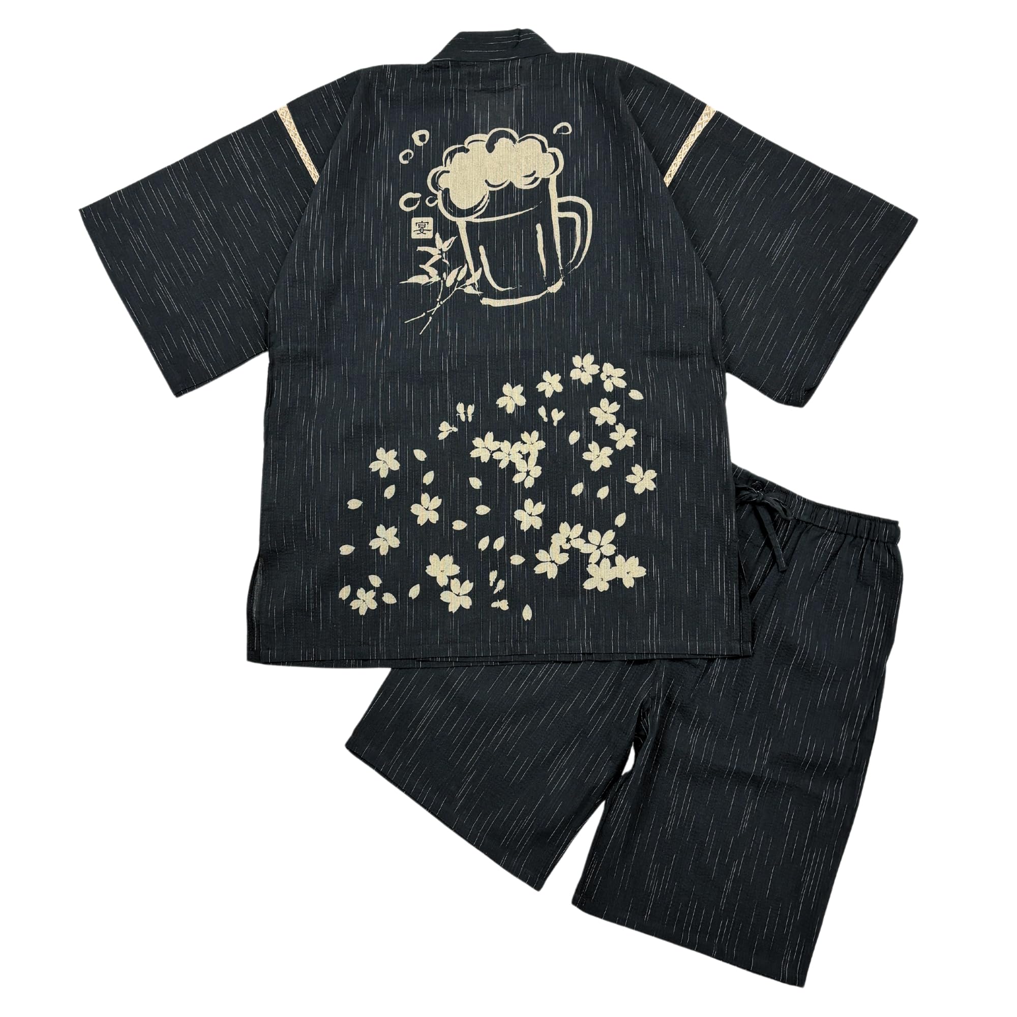 

Джинбэй Edoten из ткани сидзима, Прохладная летняя одежда, 100% хлопок, Оригинальный набивной японский узор, Дизайн «Цветы сакуры и пиво», Черный, Размер 3L