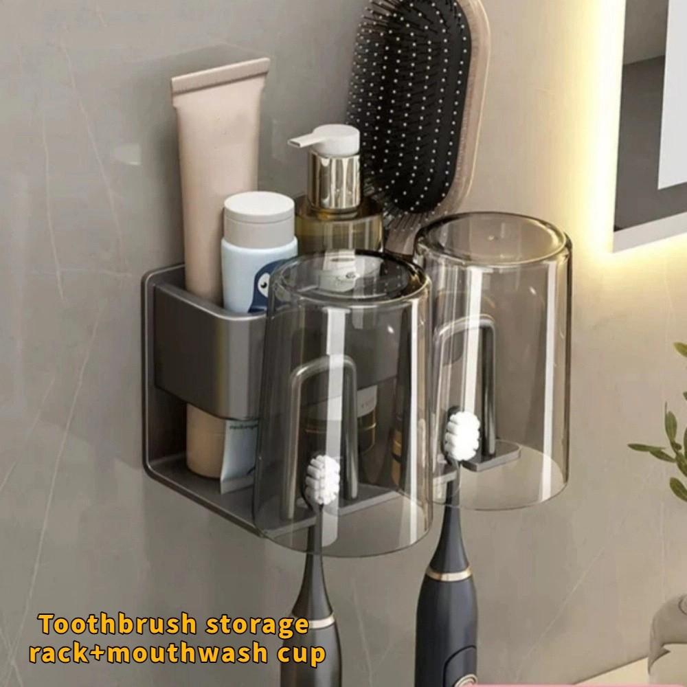 

Wall Mounted Toothbrush Holder No Punching Install Electric Toothbrush Holder Guest Bathroom Grey 2 cups