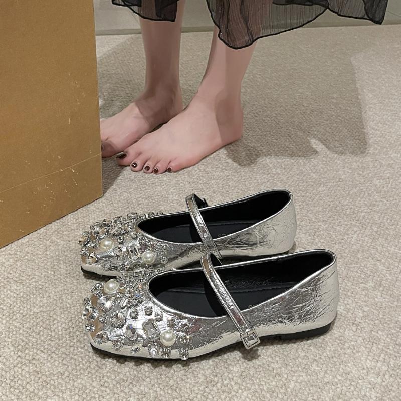 Fashion 2025 Women’s Flat Shoes Fairy Style Sequins Mary Janes Basic Spring Summer Rhinestones Low Heel Pumps Single Shoes Square Toe