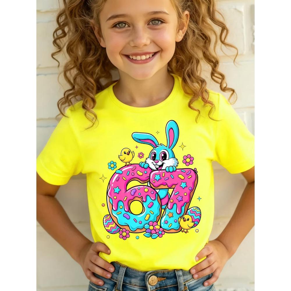 Mode 67 Sxi Seven Osterhase Aufdruck Sommer Kinder Baumwolle T-Shirt Lässig Mädchen Kurzarmshirts Cartoon Kinderkleidung 160 yellow
