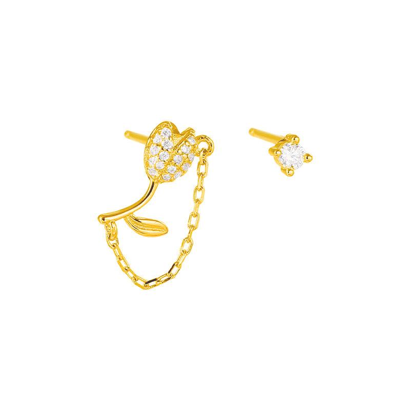 S925 silver-plated earrings New niche design advanced sense of light luxury full diamond tulip irregular chain zircon earrings