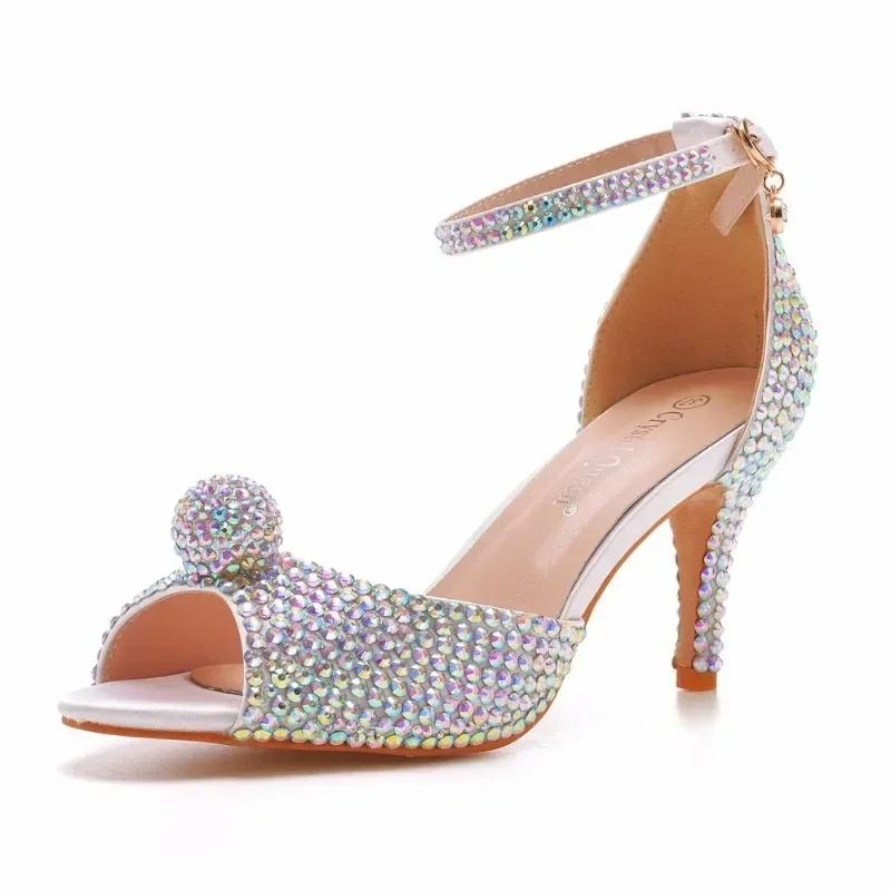 Riemchen Sandalen Party Strass PU 7CM Dünne Absätze Schnalle Braut Hochzeit Farbiger Diamant Damen Pumps