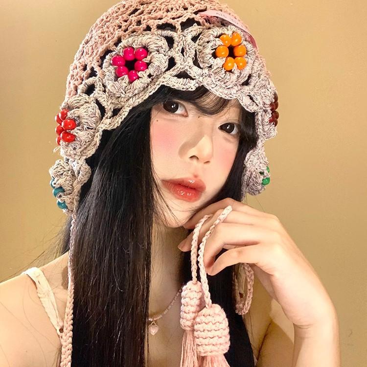 Handmade crochet flower fringe hollow hat female face small knitted bag hat