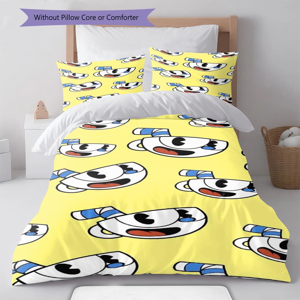 Cuphead Cute Cartoon Pattern Bedding,Quilt Set Quilt Cover Pillowcase Home Birthday Gift (1 * Duvet Cover + 2 * Pillowcase, Without Core)