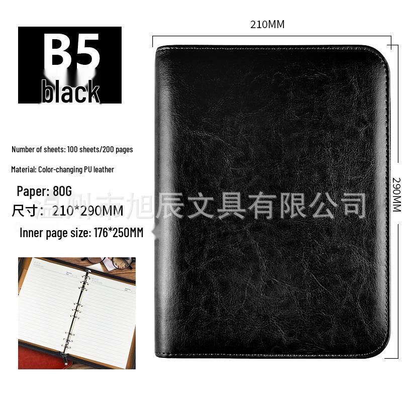 A5 Multi-Functional Leather Zipper Notebook with Large Capacity and Loose-Leaf Pocket Inserts, B5 Size