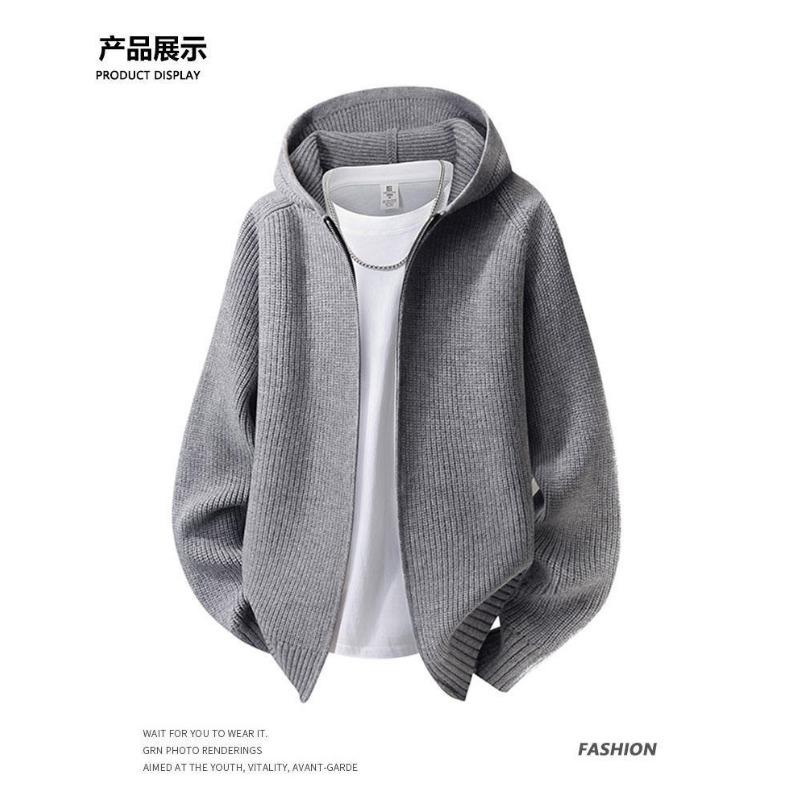 Men S Hooded Knit Cardigan Loose Casual Solid Color Outerwear